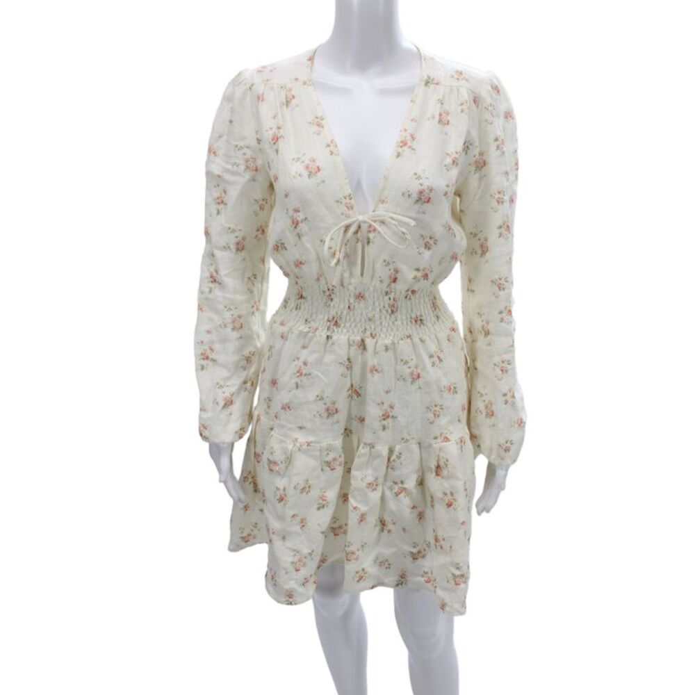 Reformation Womens Ivory Linen Floral V-Neck Tie Long Sleeve Mini Dress Size S
